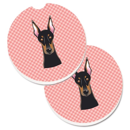 Carolines Treasures Checkerboard Pink Doberman Set of 2 Cup Holder Car Coaster BB1245CARC